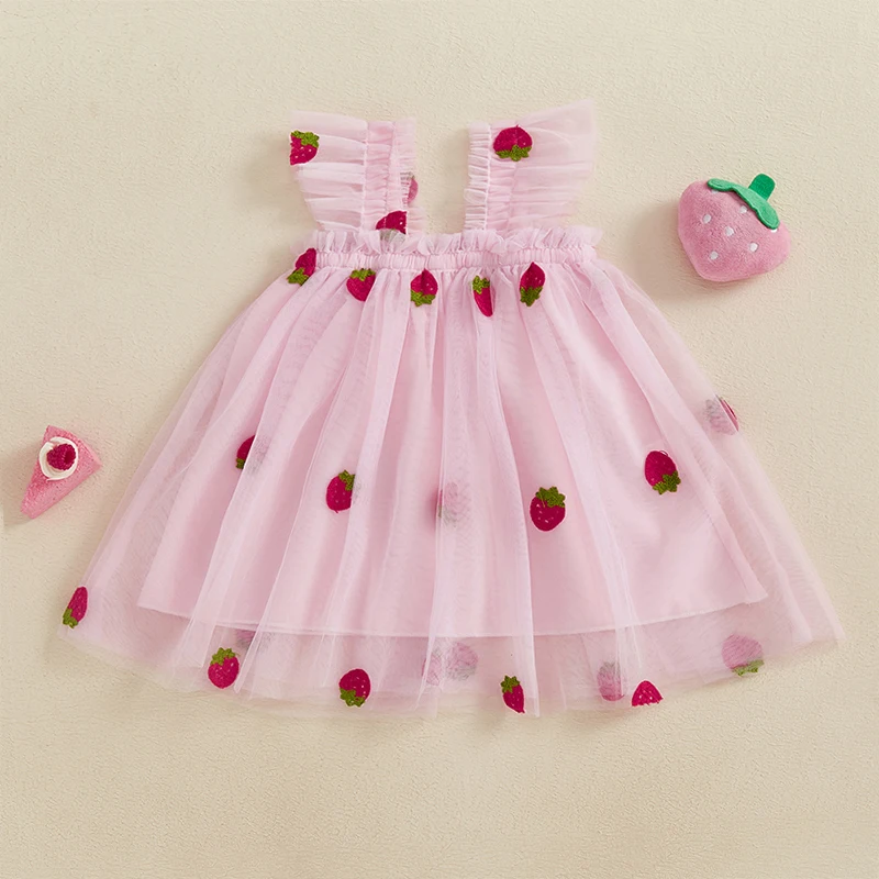 Suefunskry Baby Girl Sweet Tulle Dress Sleeveless Square Neck Fruit Embroidery Mesh Dress Toddler Party Dress