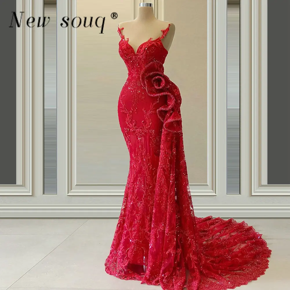 

Gorgeous Red Mermaid Evening Dresses Spaghetti Strap Sleeveless Lace Appliques Long Prom Gowns With Ruffles