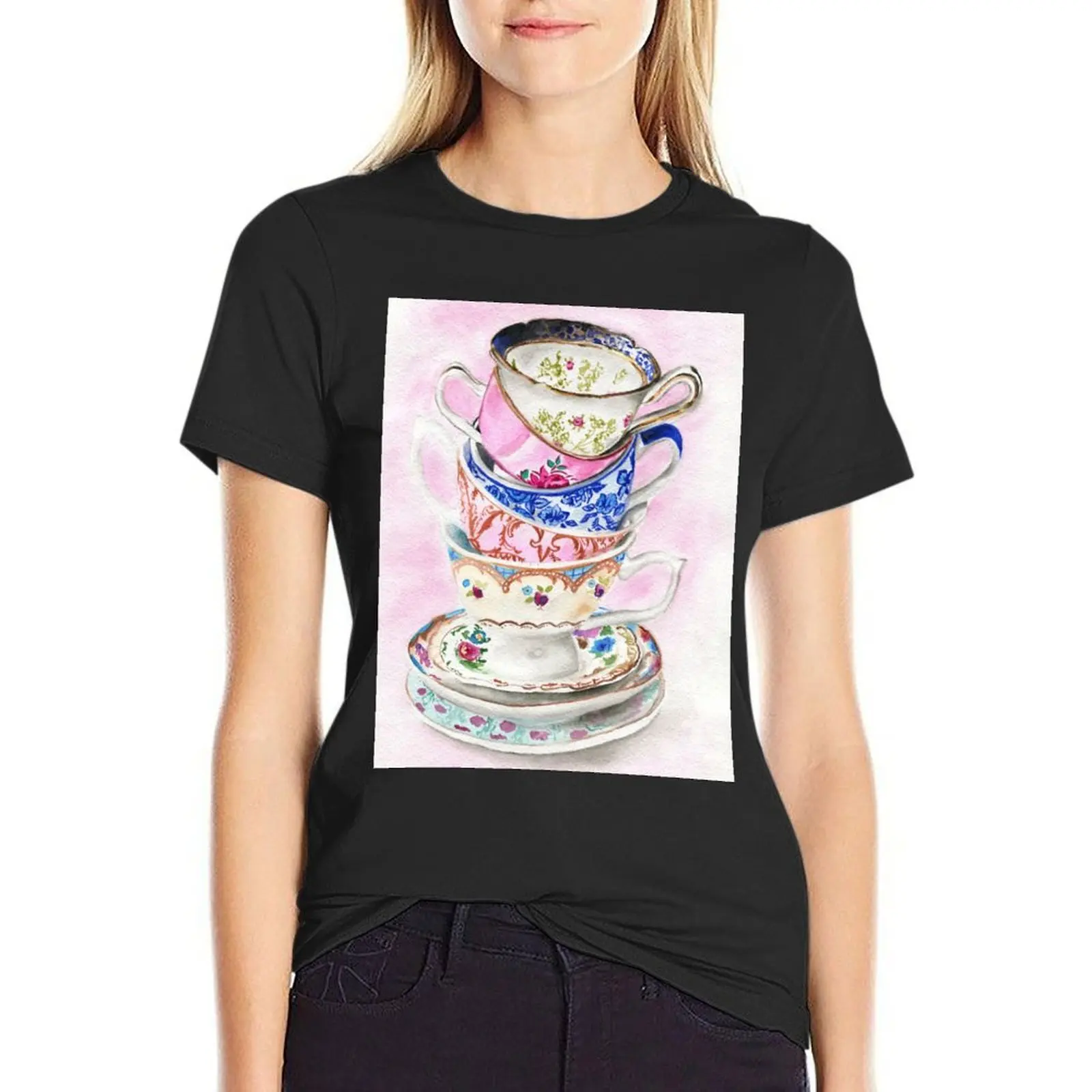 

Watercolor beautiful cups tower illustration. T-Shirt animal print shirt for girls funny sports fans Women t shirt