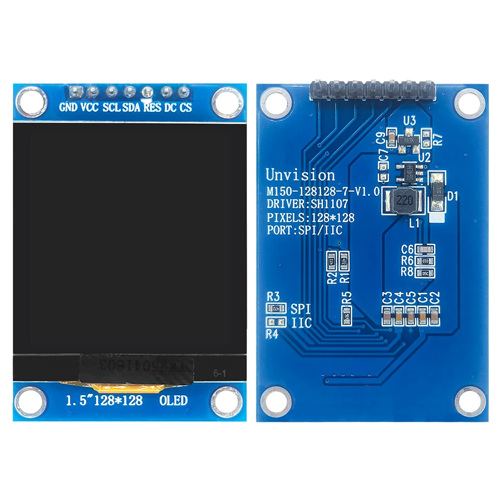 7Pin 1.5 Inch OLED Screen Module I2C IIC 128*128 COG SH1107 Drive White LCD Display Low Power Consumption 3.3V