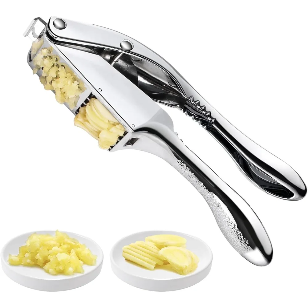 

Garlic Press and Slicer 2 in 1 Stainless Steel Garlic Press Anti Rust Ginger Crusher Easy Squeeze Handheld Kitchen Garlic Masher