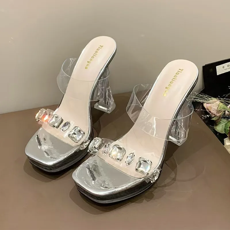 

Модные прозрачные босоножки на высоком каблуке со стразами для улицы, лето 2026, новинка