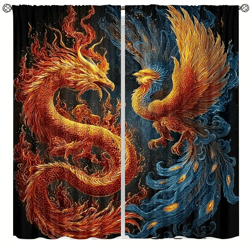 Flame Phoenix and Fiery Dragon Print Drapes Room Darkening Window Curtains for Home Decor,Rod Pocket Blackout Curtains Bedroom