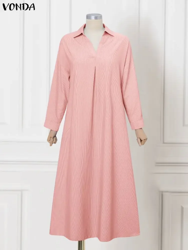 VONDA Moda Causale Abiti Manica Lunga Con Scollo A V Camicia Lunga da Donna Vestito Estivo 2025 Autunno Con Scollo a V Elegante Streetwear Maxi Abiti
