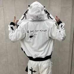 Harajuku Hip Hop Men Sweatshirt Hoodie Full Back Spider Web Printed Streetwear Y2k Pullover Winter Fall Hoodie Casual Zip Jacket