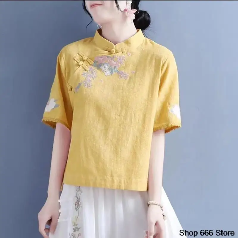 Spring Summer Cotton Linen Solid Color Standing Collar Women\'s Short Sleeve Top Chinese Style Retro Zen T-shirt Tang Suit Hanfu