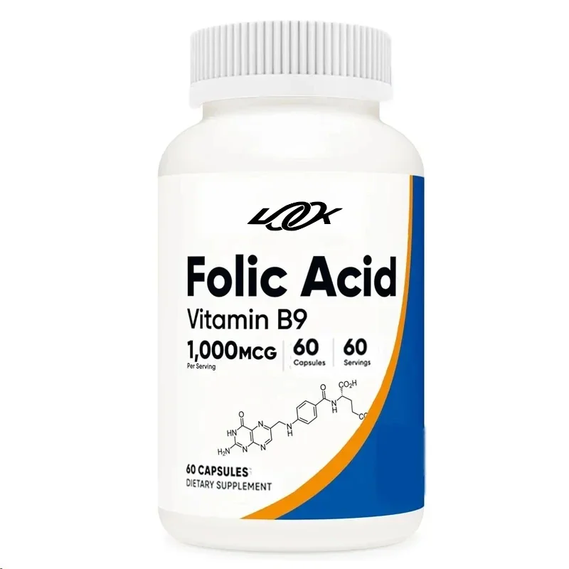 Ácido fólico de alta calidad (vitamina B9) 1000 mcg, 60 cápsulas sin OGM, sin soja, sin gluten