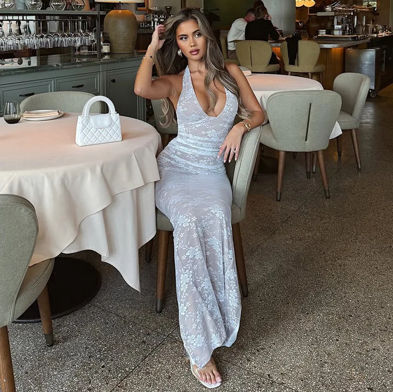 Blifanbo Halter Tiefem V-ausschnitt Sexy Print Maxi Kleid Frauen Backless Split Lace-up Hohe Taille Bodycon Fashion Club Party lange Kleid