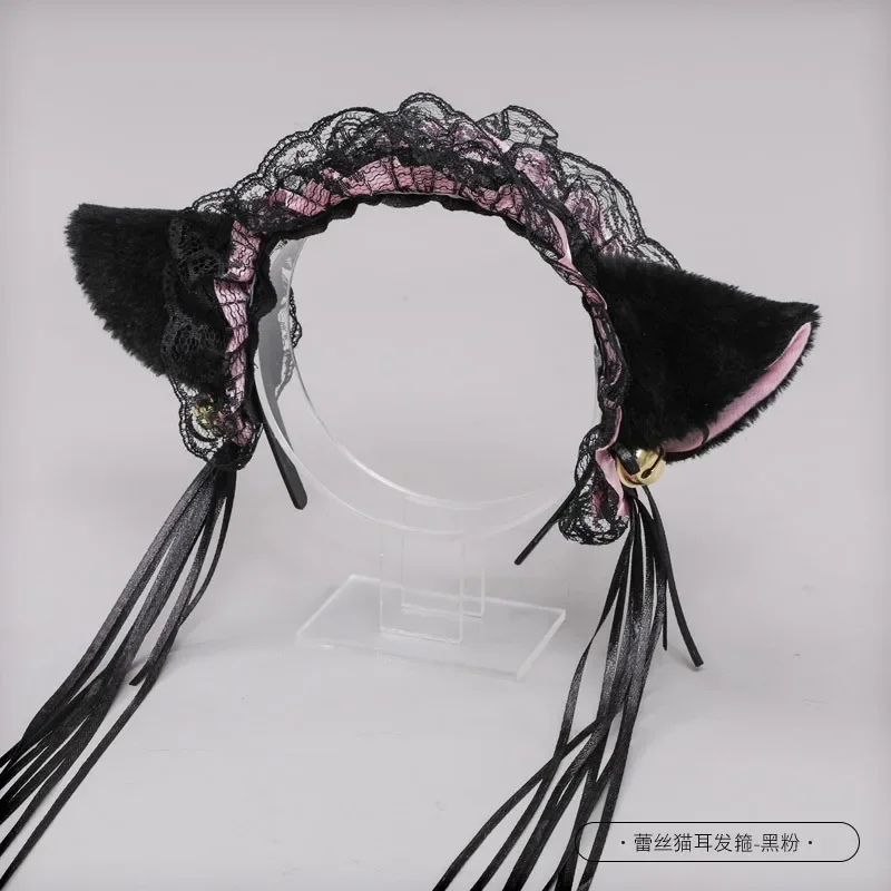 1 pz Lolita orecchie di gatto fascia pizzo fiocco testa avvolgere Lolita festa di nozze Cosplay cameriera copricapo donne ragazze Anime accessori per capelli