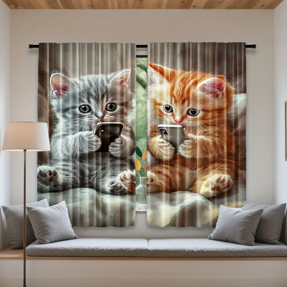 Cute Phone Kitten Blackout Rod Pocket Curtain Grey Orange Fluffy Cat Smartphone Oil Painting Print Lovely Living Bedroom Window