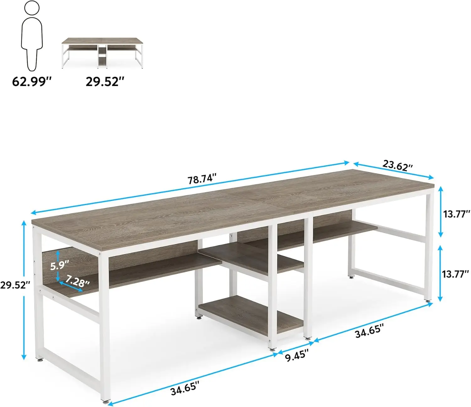 Tribesigns Two Person Desk With Bookshelf, 78.7 Computer Office Double Desk For Two Person, Rustic Writing Desk Workstation