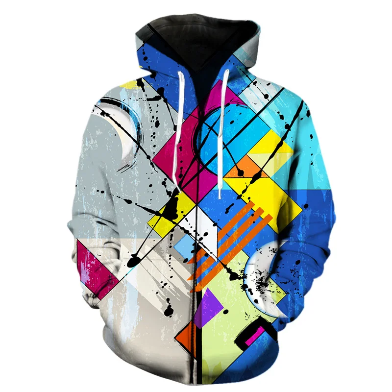 3D Art Printed Zipper Hoodie Men\'s Abstract Geometric Pattern Pullover Hoodie Hoodie Harajuku Long Sleeve Sweatshirt