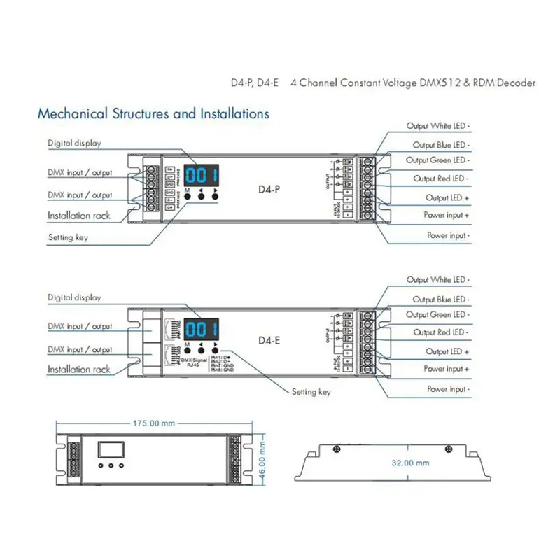 A72U D4-P 4 Channel PWM Constant Voltage &RDM LED Decoder Controller Digital Display XLR3 RJ45 Port DC12-36V Input 8Ax4CH