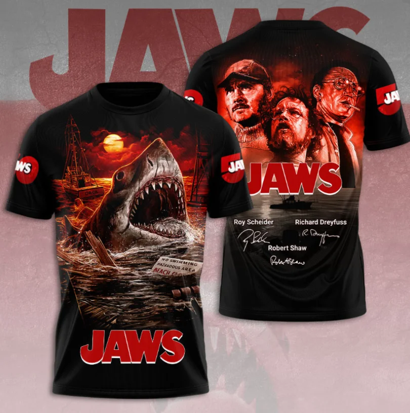 Klassische, heiß verkaufte Film- und Fernseh-Jaws-Peripherieprodukte, 3D-gedruckte, kurzärmelige Outdoor-Freizeit-Sport-T-Shirts für Herren und Damen