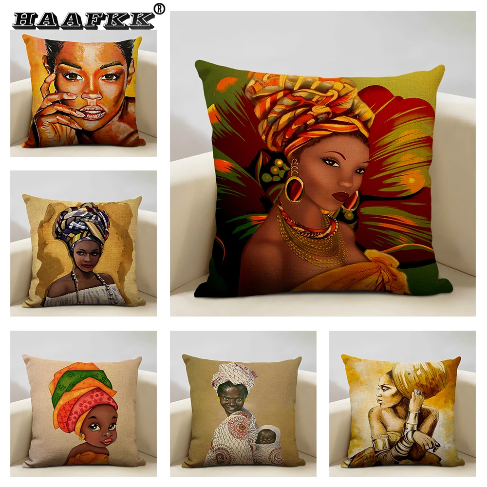 

African Woman Culture Art Cushion Cover Watercolor Painting Dancing Africa Lady People Pillowcase Linen Pillow Case