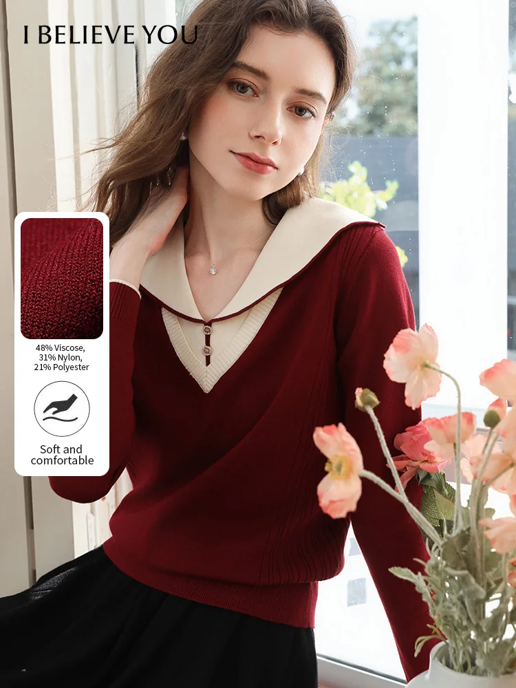 

Я ВЕРЮ ТЕБЕ, рождественский красный французский искусственный свитер из двух предметов, осень-зима 2022, ретро контрастные темно-синие свитера с воротником 2253146064