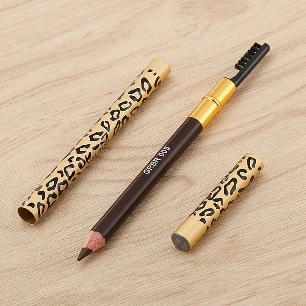 5-color Leopard Print Eyebrow Pencil, Metal Case, Double-headed Eyeliner, Iron Dual-use Cosmetic Pencil with Eyebrow Comb