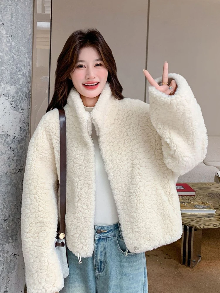 Cute White Faux Lamb Coat Women Winter Warm Long Sleeve Stand Collar Sweet Jacket Loose Vintage Preppy Style Kawaii Outwear Tops