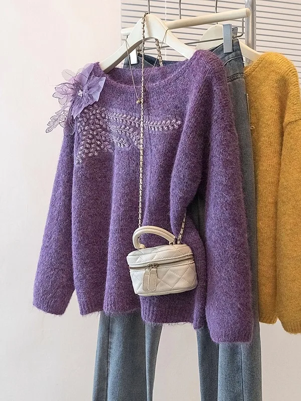 

Шикарный антивозрастной фиолетовый длинный свитер с 3D цветами, женский осенне-зимний свитер больших размеров, милый топ Agel, повседневный свободный крой, мягкий P...