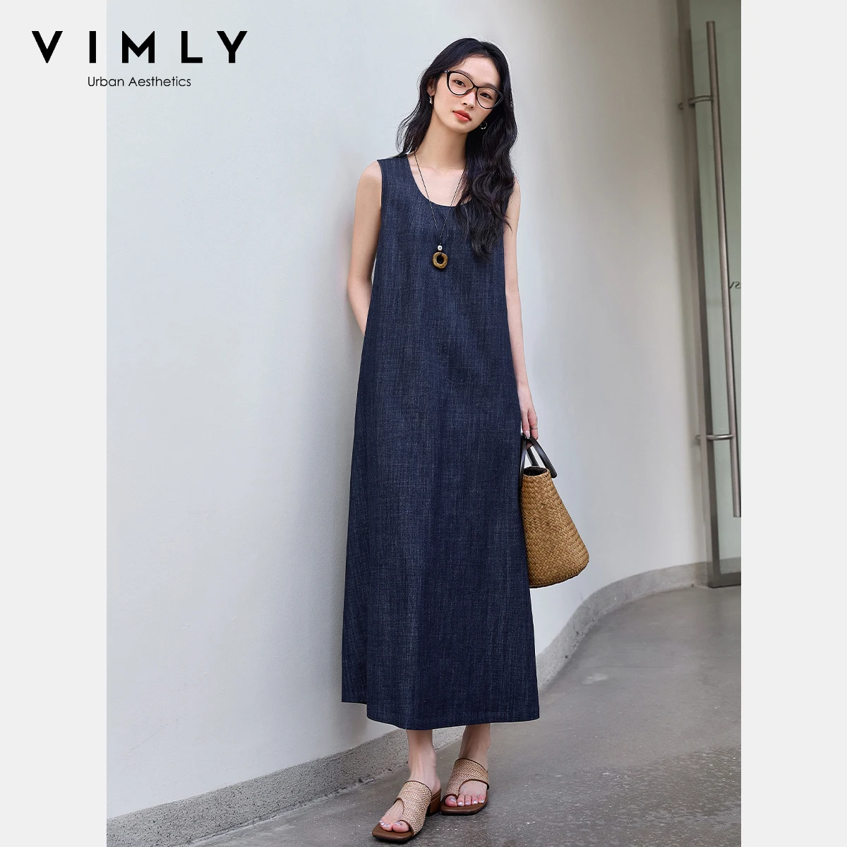 

VIMLY Midi Dresses 2025 New Women Autumn Vintage Denim Sleeveless Dress Pure Cotton Loose Ladies Dresses Female Clothing M9821
