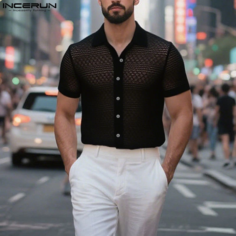 

INCERUN Men Shirt Hollow Out See Through Lapel Short Sleeve Men Clothing Summer Streetwear 2025 Fashion Casual Male Shirts S-5XL