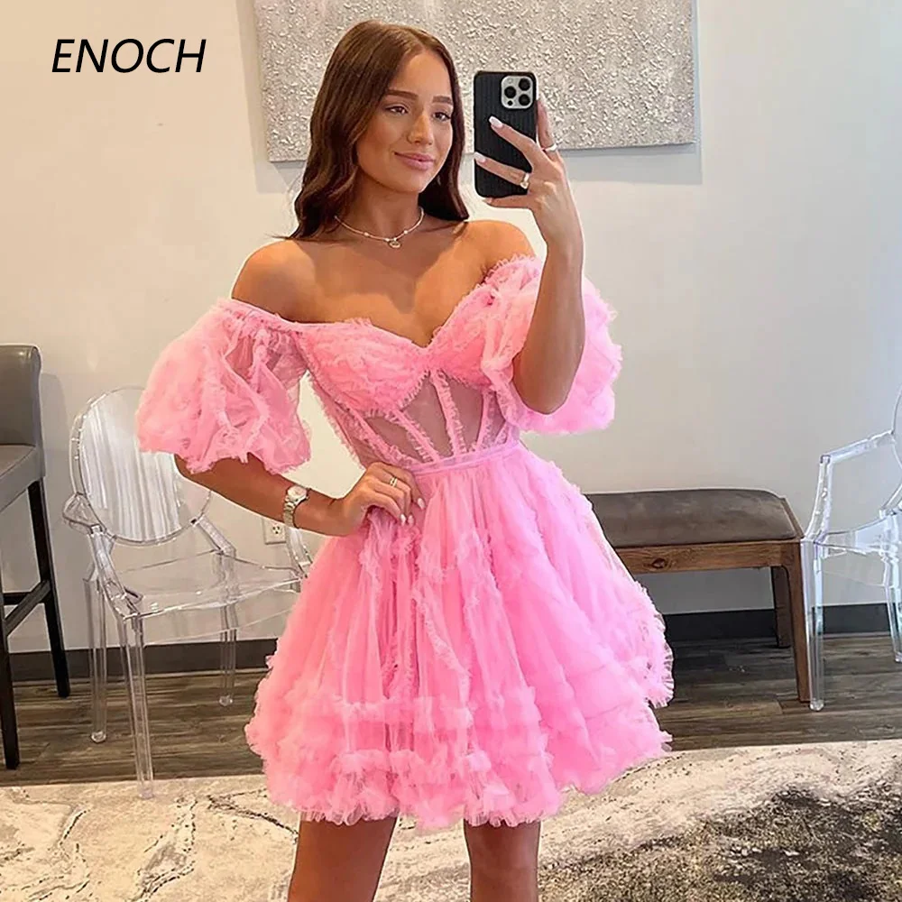 

ENOCH Short Homecoming Dresses Sweetheart Off The Shoulder Half Sleeves Backless Party Gown Illusion Above Knee Robe De Mariée