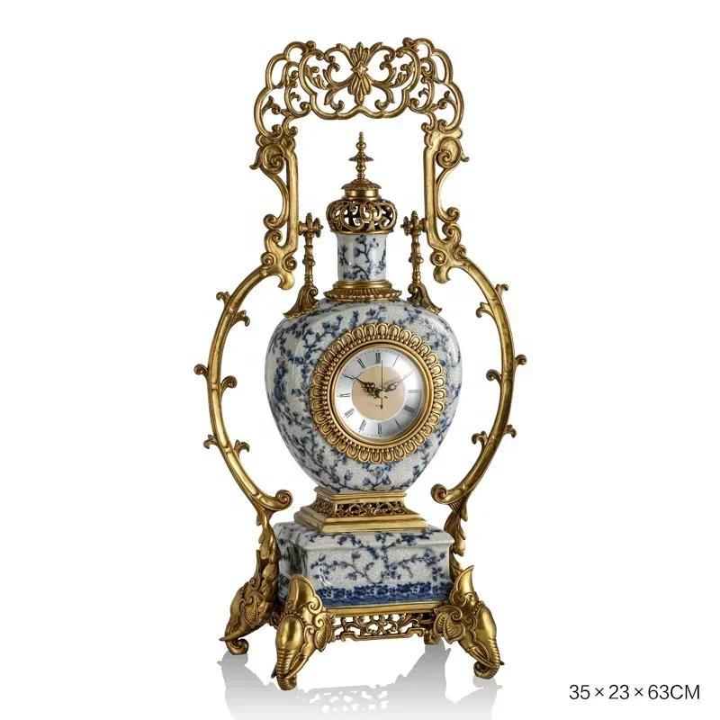 

High-grade Brass Table Clock Blue and White Porcelain Ornament Hand-painted Home Decoration House Accessories