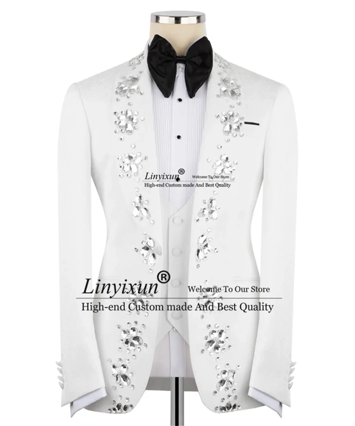 

Handmade Jewelry Ornament Men Suits 3 Pieces Sets Wedding Groom Male Prom Blazer Customized Party Tuxedos Jacquard Ropa Hombre