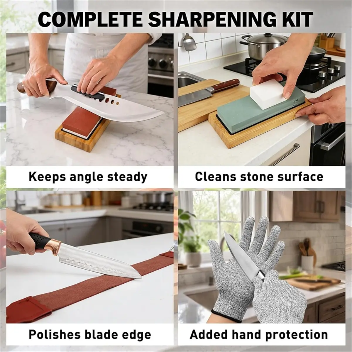 10-Piece Knife Sharpening Stone Set, 4-Side 400/1000 3000/8000 Grit Whetstone Knife Sharpener Kit