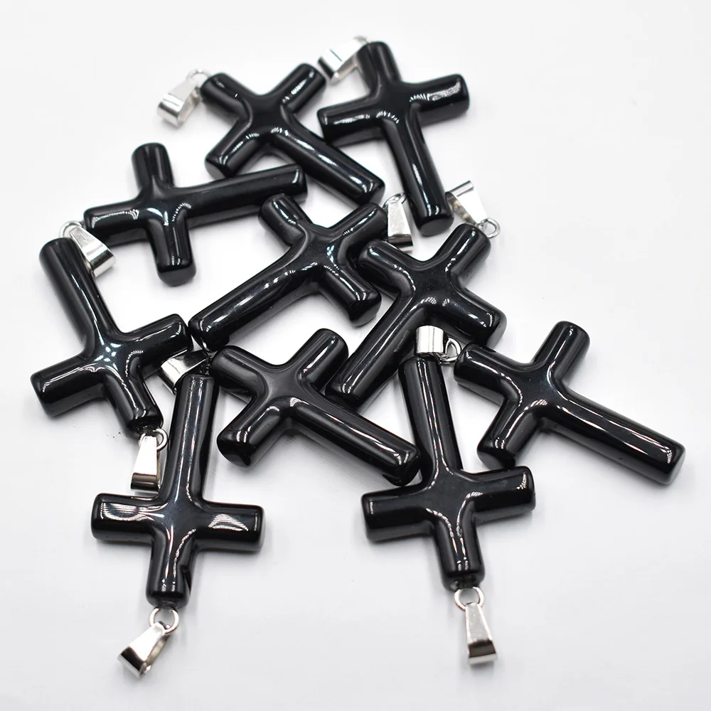 Großhandel 10 Stück/Set modische Naturstein-Obsidian-Kreuzanhänger für Schmuckherstellung, Charm-Halsketten-Zubehör, kostenloser Versand – Detail 2