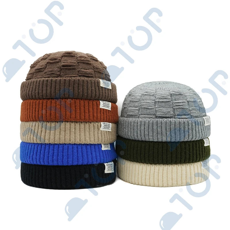 Thick Knitting Docker Cap Warm Winter Autumn Brimless Caps With Letter Label Solid Color Beanie Hat Hats Unisex Retro Vintage