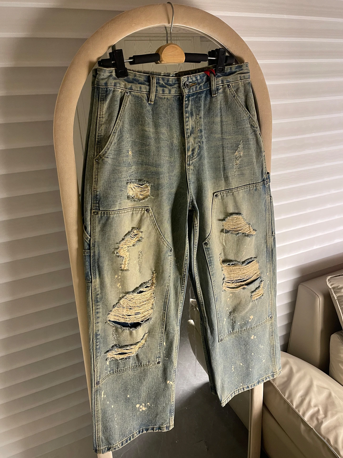 

Parisian Sle American Loose Straight Leg Worn out Denim Jeans Men's Casual Torn Waed Ink Spill Workwear Long Pants