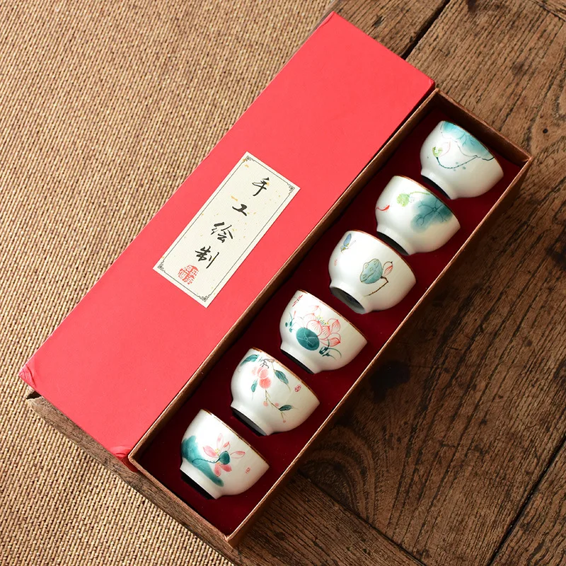 

Hand-painted Tea Cup Master Cup Ceramic Cup Lotus Tea Cup Chinese Kung Fu Tea Set Blue and White Porcelain Single Cup6Cup Gift B