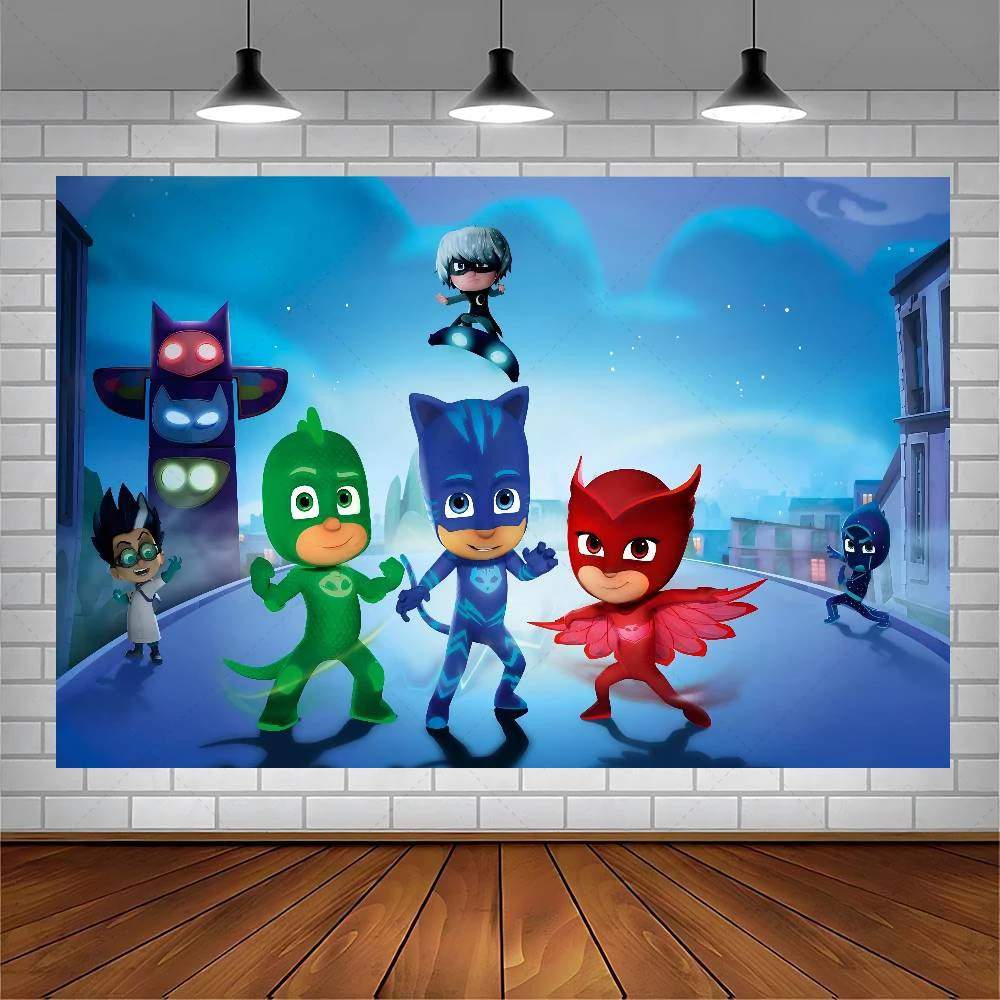 Tło na przyjęcie urodzinowe PJ Masks Catboy Owlette Gekko Moon Knight Miasto Nocne Superbohaterzy Personalizowana Fotobudka Dekoracje na Baby Shower dla Dzieci — zdjęcie produktu 3