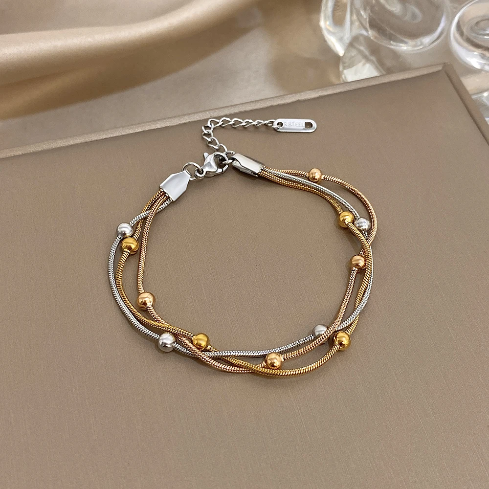 Stilvolles verstellbares Armband aus Edelstahl in Gold und Silber für Damen, elegante mehrschichtige Wickelarmbänder mit Perlen, Party-Schmuck – Detail 2