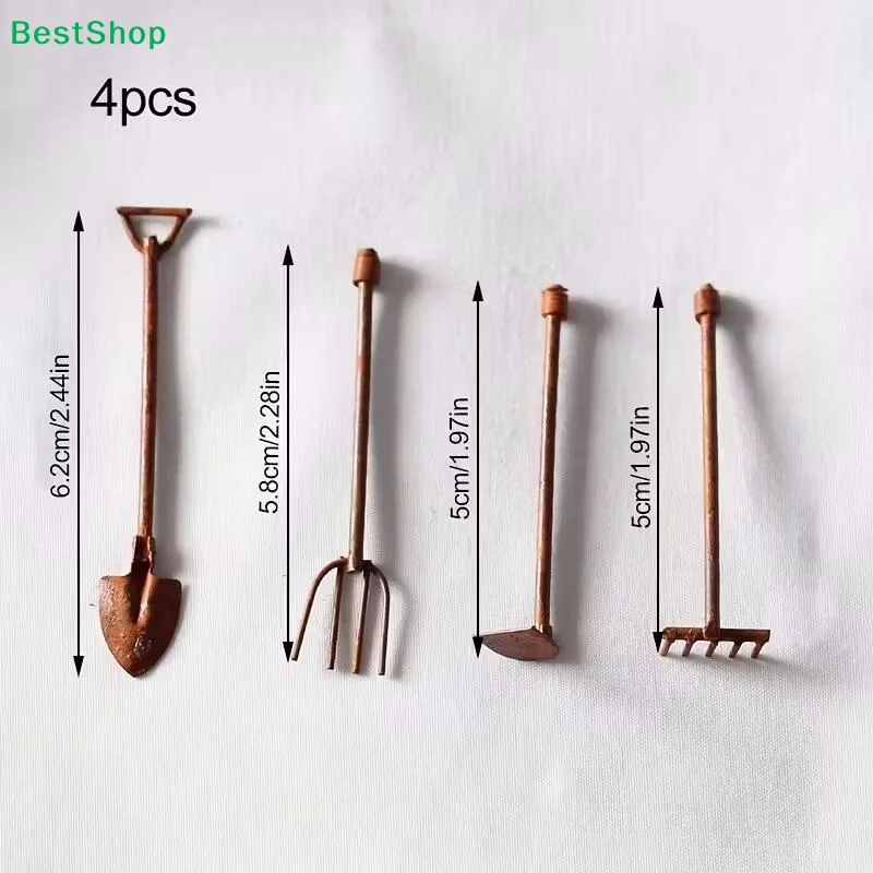 ☽4 Piece Mini Garden Tools Set With Rustic Copper Finish Lifelike Design Perfect For Dollhouse Diorama DIY Craft Projects