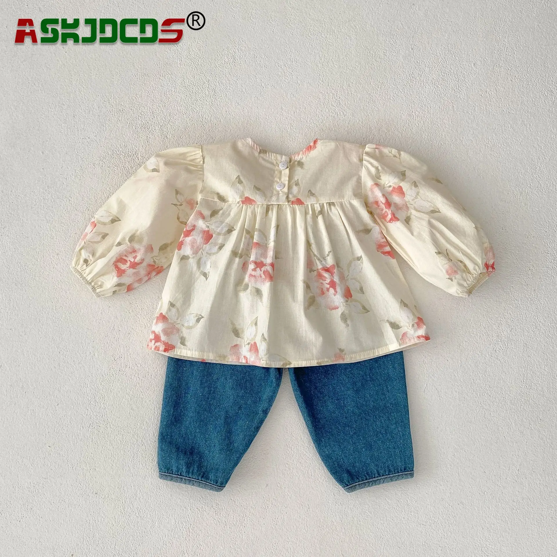 

2023 Autumn New In: Fashion Full Sleeve Flower Ruched Top Blouses Denim Solid Color Pants Kids Baby Girls 0-3Y