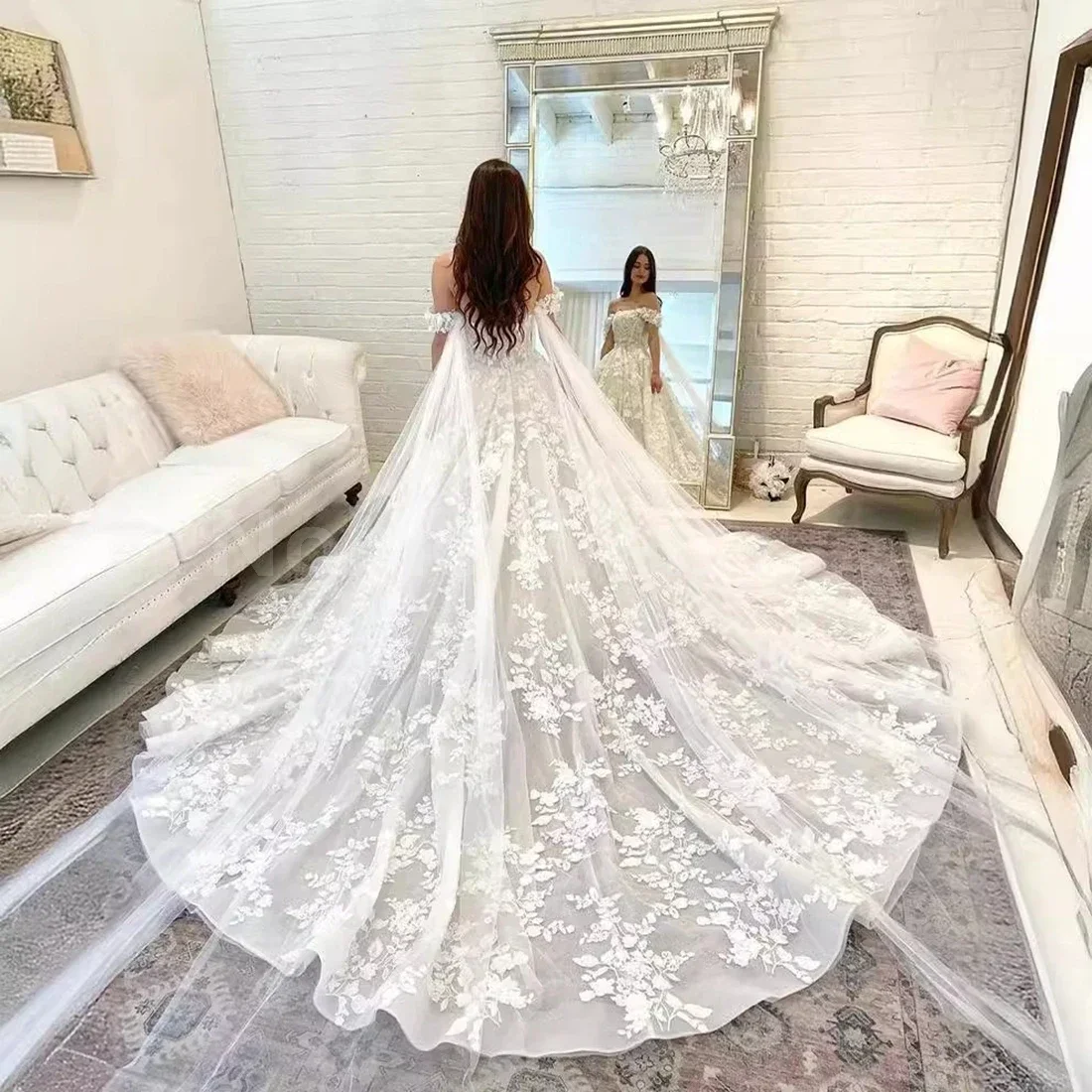 New Arrival Wedding Dress with Lace Sweep Train Off The Shoulder A-Line Bridal Gown Customized
