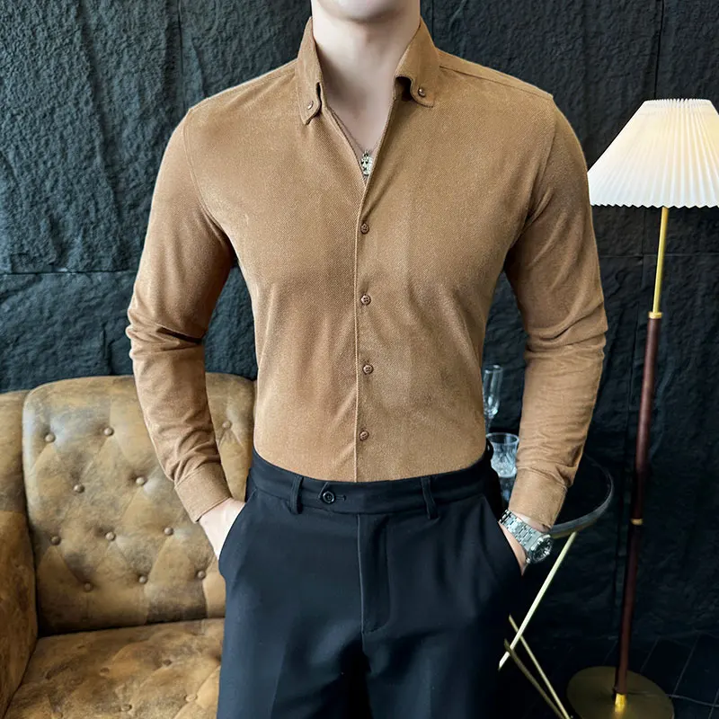 

Autumn Winter V-neck Long Sleeved Shirts Men British Style Casual Business Dress Shirts Slim Fit Office Social Streetwear Tops