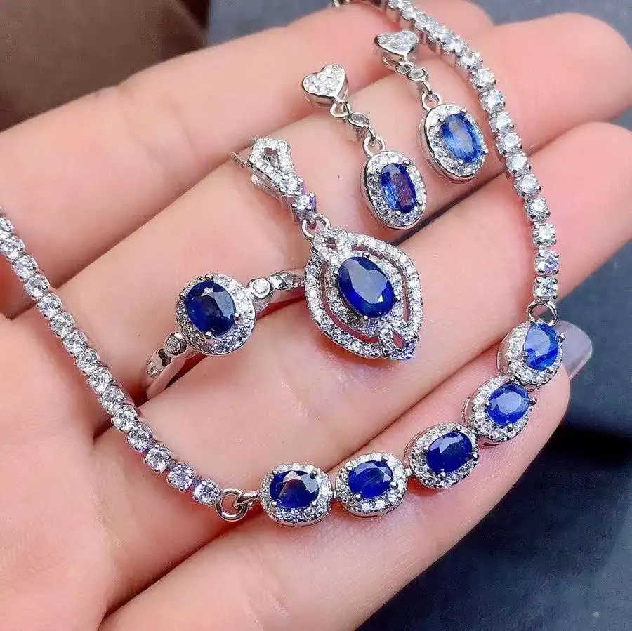 Pure Natural Sapphire Set High Quality 925 Sterling Silver 1pc ring,1pc pendant,2pcs earrings,1pc bracelet