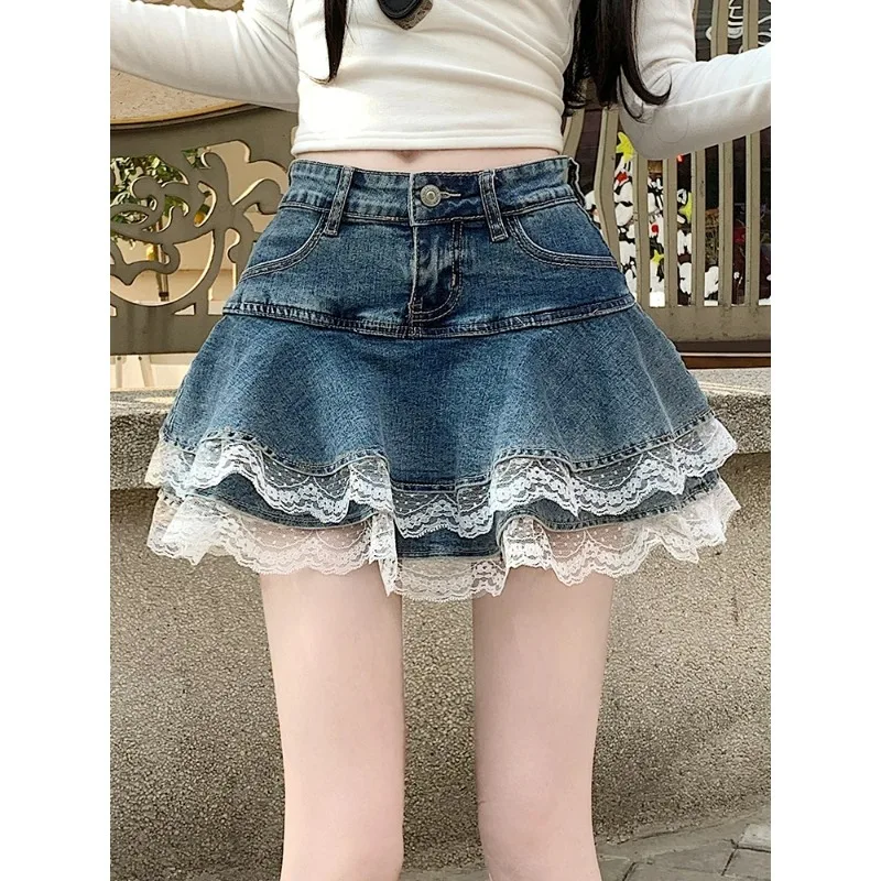 

2026 Summer Mini Denim Skirt Women Fashion Streetwear Ruffles Kawaii Lace Skirts Shorts Preppy School Pleated Jeans Skirt