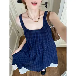 Korobov French Vintage Robe Blue Plaid Sleeveless Square Collar Dress Women Vestidos Casual Loose Slim Suspenders Y2k Dresses