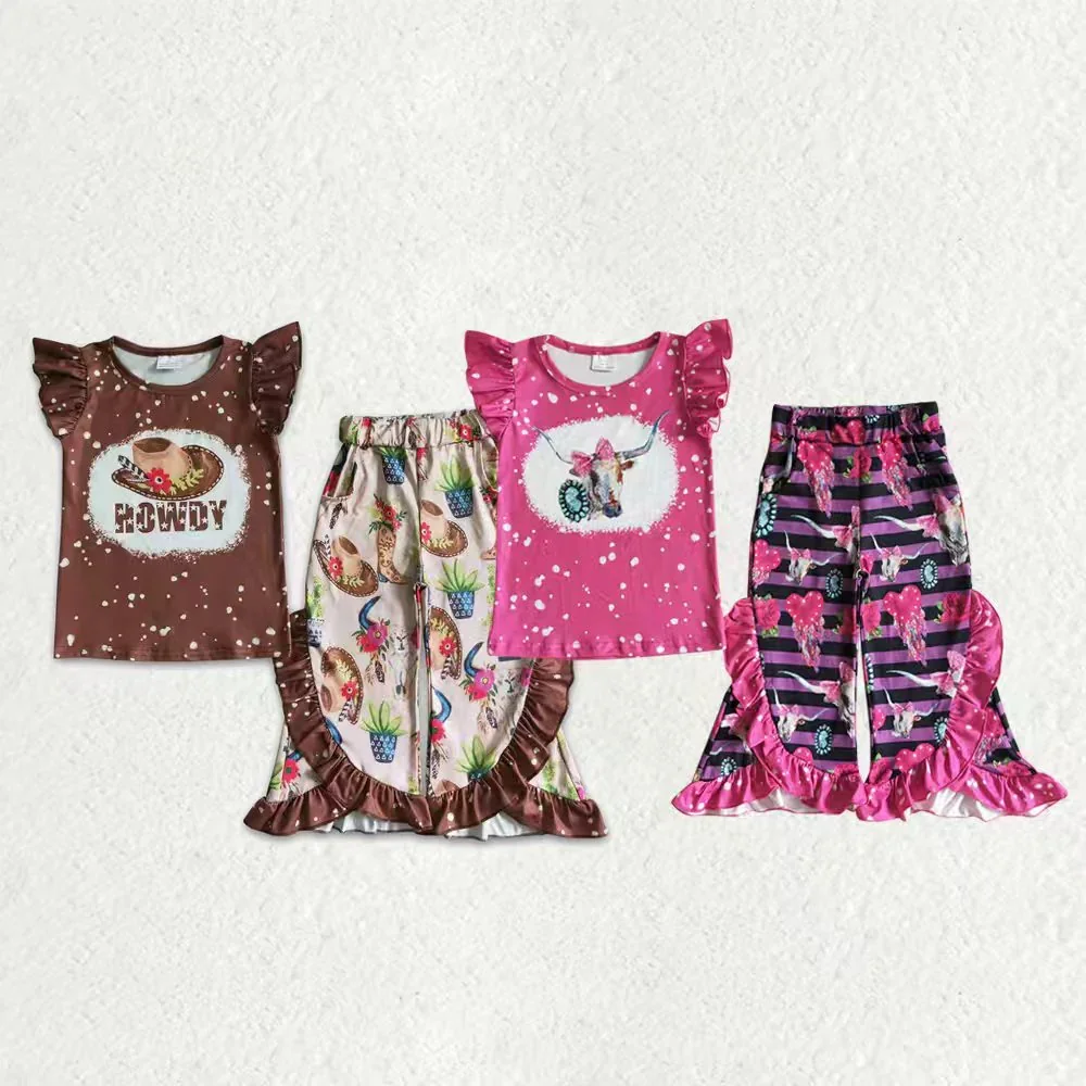

z1011-19 GSPO0097 Wholesale Boutique kids clothes girl WESTERN cow head boots short sleeve pant Set Summer Children clothing
