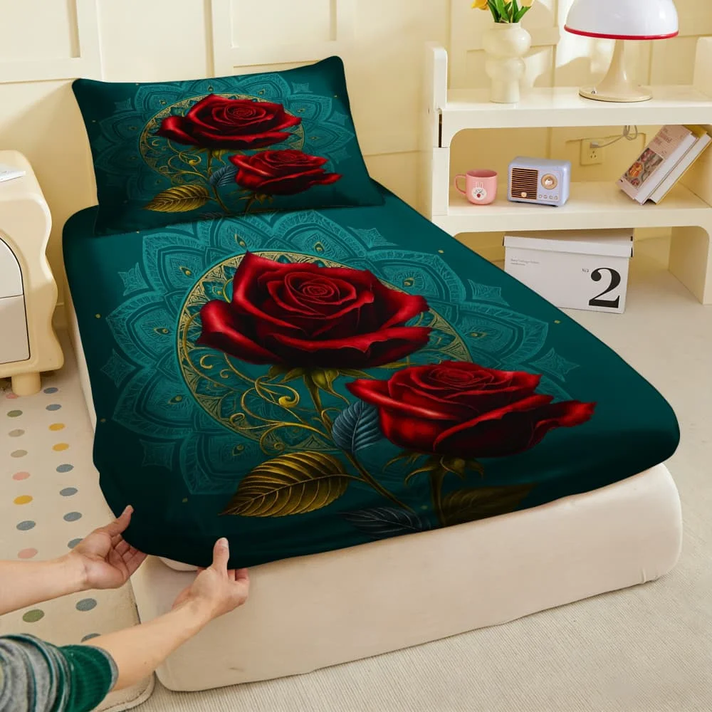1pc Red Roses with Teal Mandala Print Fitted Sheet Deep Pocket Elastic Mattress Cover Single Double Queen King Bedroom Decor