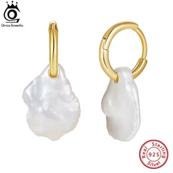 ORSA JEWELS 14K Gold 925 Sterling Silver Hoop Earrings with Natural Baroque Pearl for Women Fashion Earrings Jewelry Gift GPE97