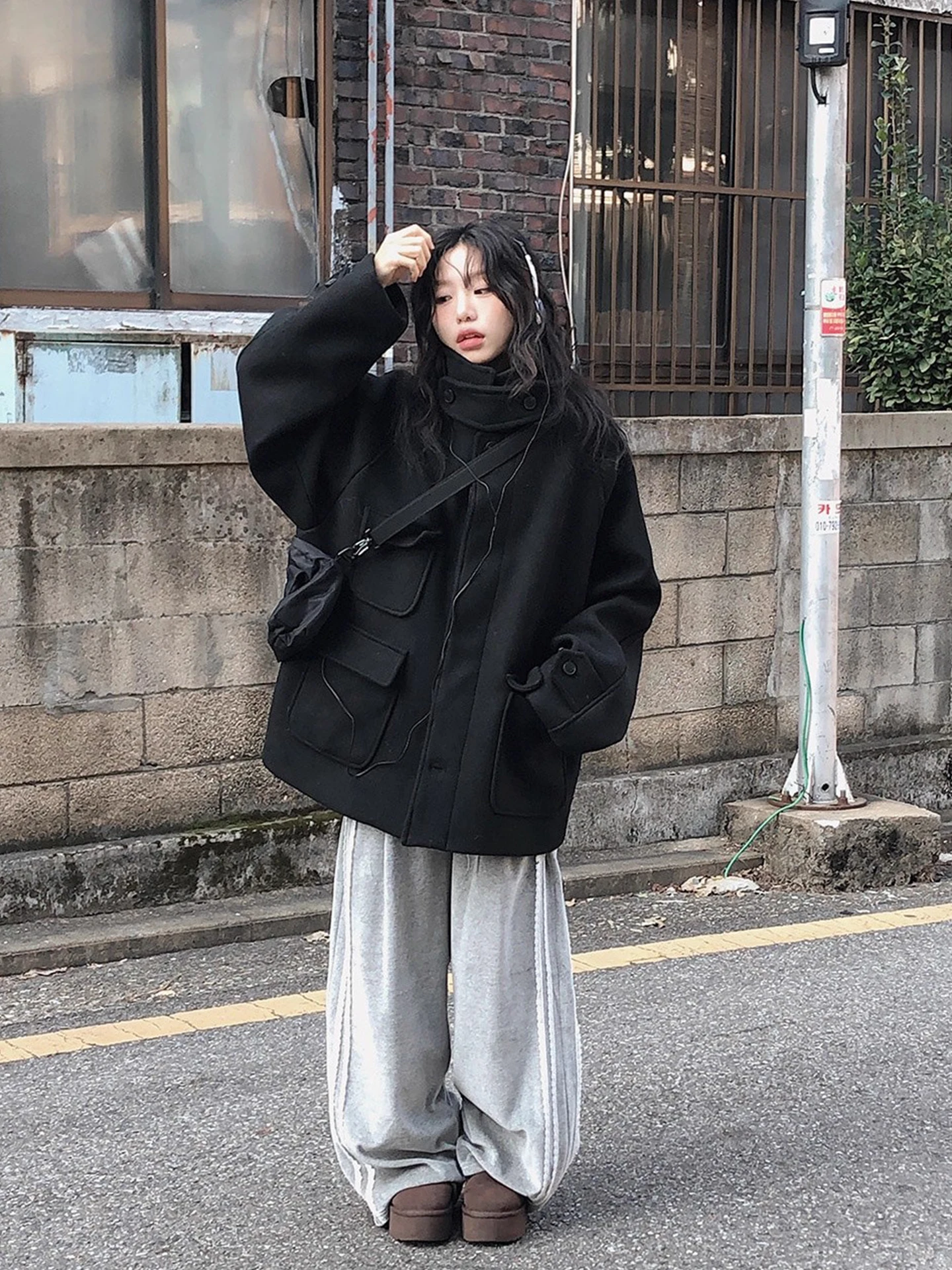 

Bla Mid-Length Woolen Coat Women's Autumn Winter New Sle Loose Versatile Long Sve Stand Collar Button-Up Outerwear