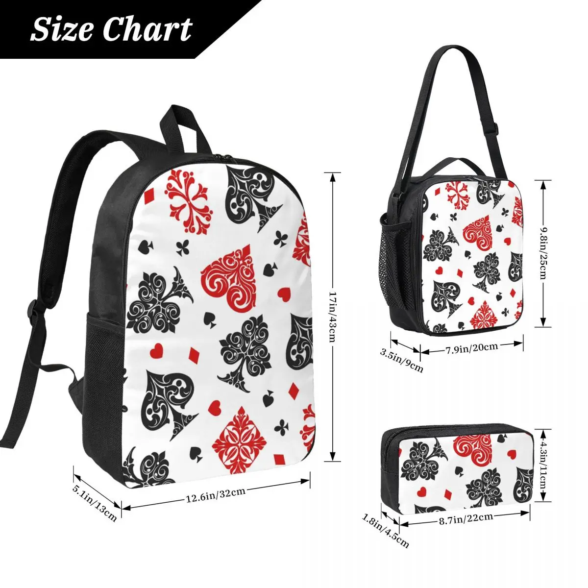 Playing Card Icons Backpack Boys Girls BookBag School Bag Computer Shoulder Bags 3ps Insulated Lunch Bag Pencil Case