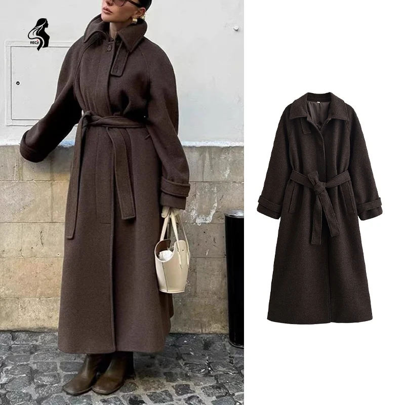 

Женское модное длинное шерстяное пальто с завязкой на талии и лацканами, универсальное модное пальто, подходящее для повседневной зимней одежды Trafizaran