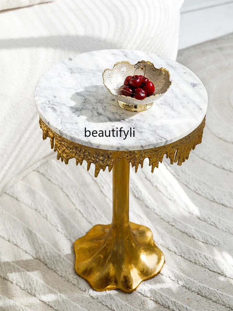 Retro Affordable Luxury Marble Stone Plate Coffee Table European Court Style Sofa Side Table Living Room Small round Table