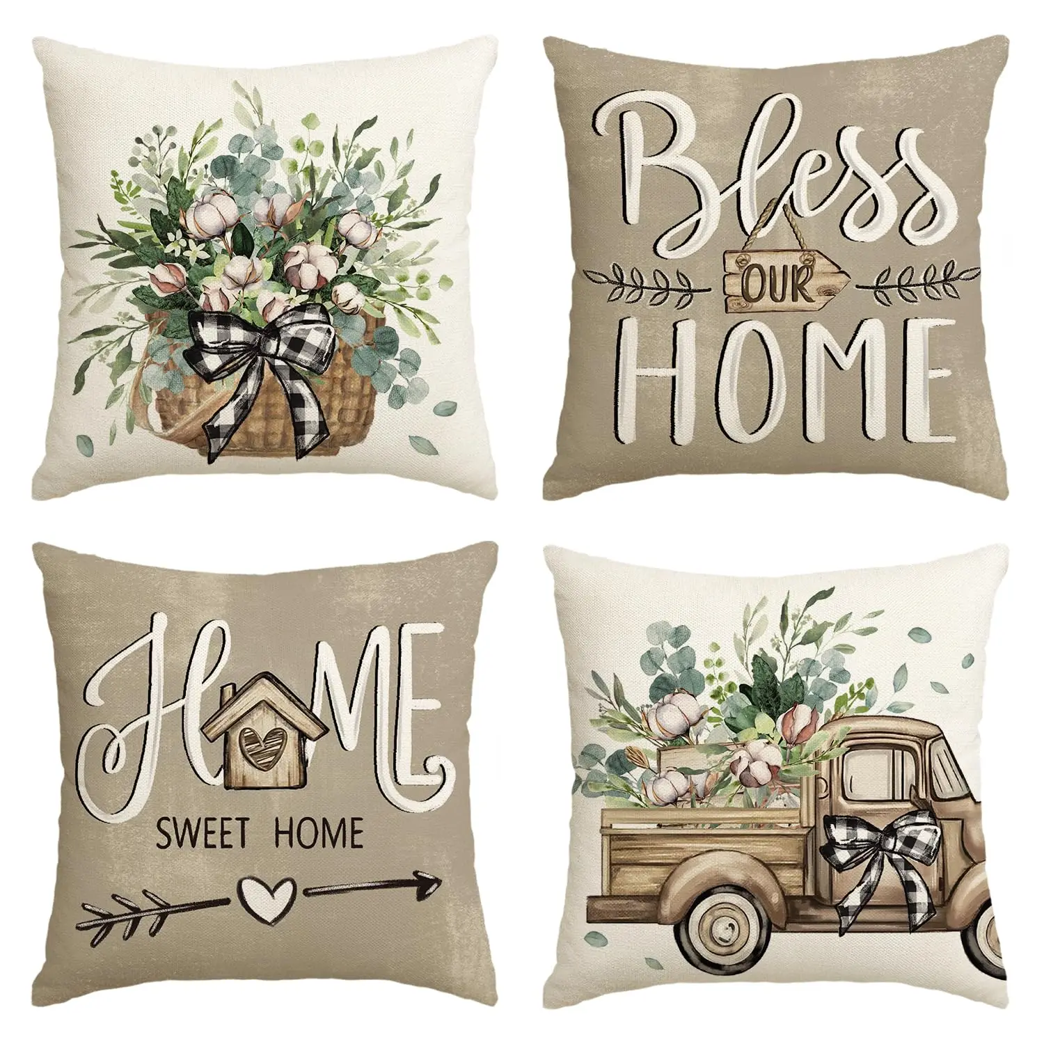 

Bless Our Home Farmhouse Eucalyptus Leaves Throw Pillow Covers, 18x18 Inch Truck Sweet Home Cushion Case Decorations Set of 4